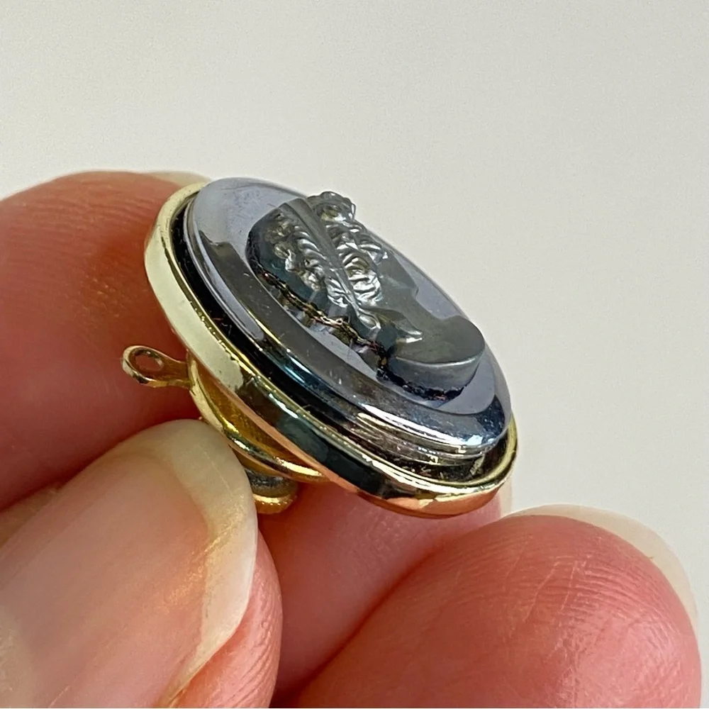Vintage Hematite Cameo Cufflinks Tie Tack Set Oval Silvertone Gold Tone Mens